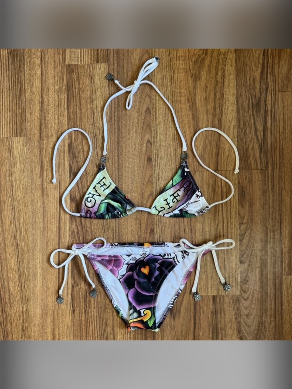 Ed Hardy Multicolor Floral Triangle String Bikini - White Straps